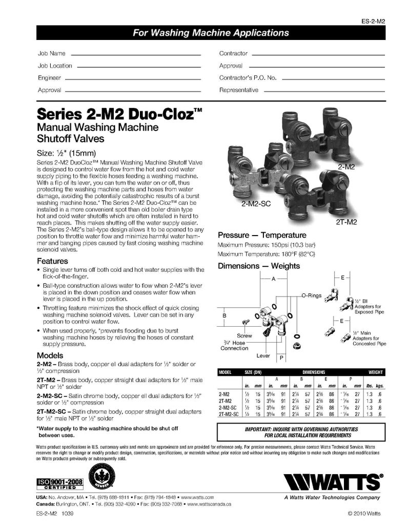 Watts 2 Series 1/2" Duo-Cloz Brass Manual Washing Machine Shutoff Valve, Brass Ball Valves with PTFE Seats, 1/2" Copper Dual Ell Adapters for Solder or Compression, Maximum Pressure 150 psi - Image 2